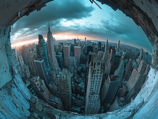 Stunning city skyline viewed through circle frame.