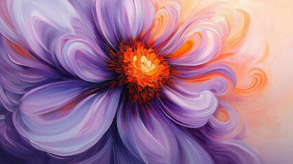 Obraz premium A delicate purple flower with swirling petals, radiating soft orange hues at the center