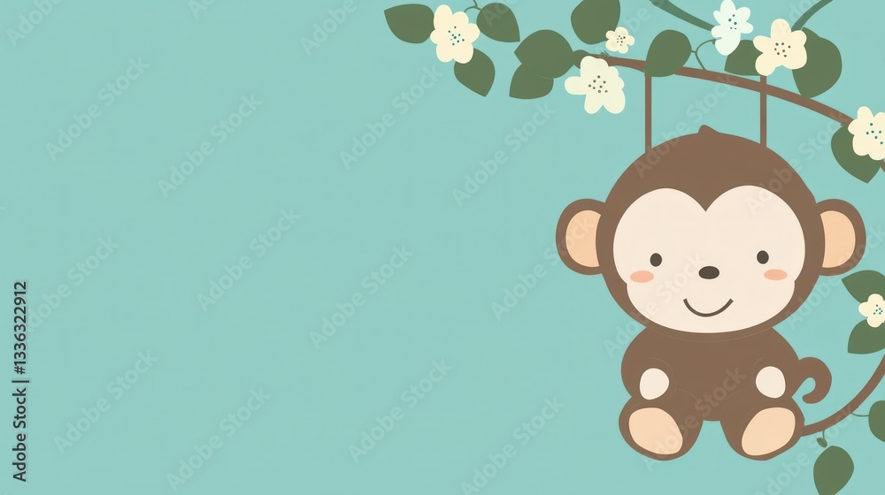 Poster a cartoon monkey hangs from a tree branch with flowers