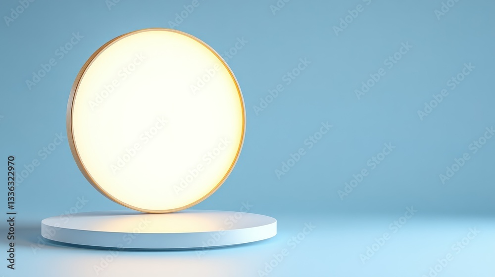 Poster a glowing circular object rests upon a small white platform