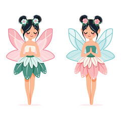 Two cute and modest forest sister fairy with wings in a flower dress on white background. Poster, Banner, Flyer, Greeting Card. Vector illustration in flat cartoon style