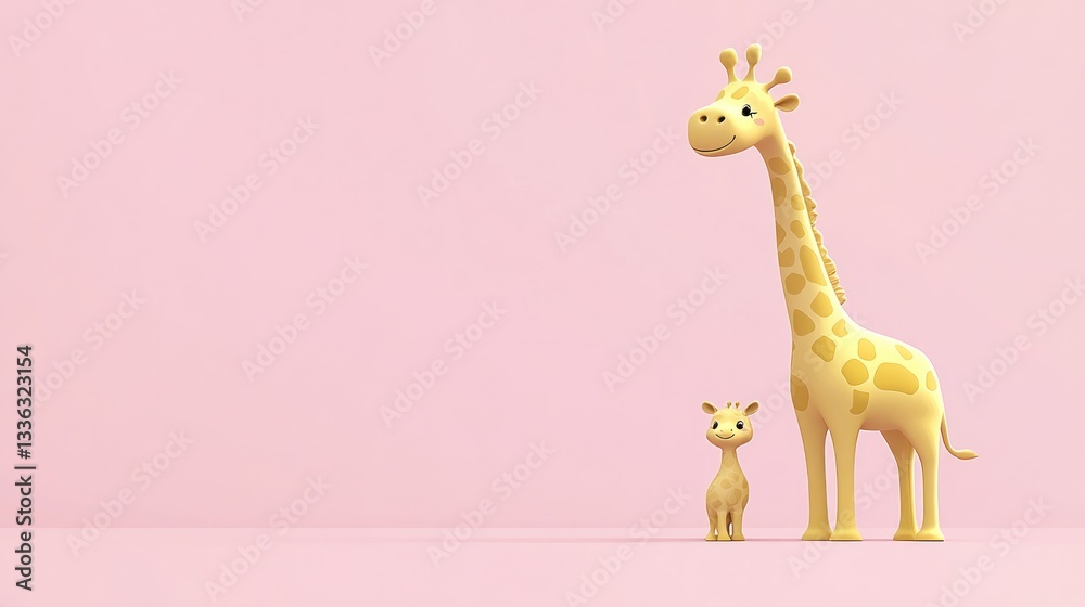 Poster two smiling cartoon giraffes with a soft pink background