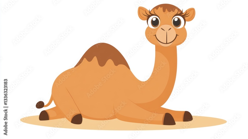 Poster a cute cartoon camel smiling while resting on a sandy surface