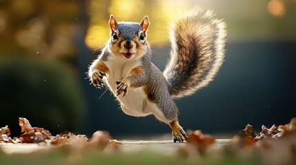 Squirrel is running on the ground with its tail up. The squirrel is in a playful mood and he is enjoying itself