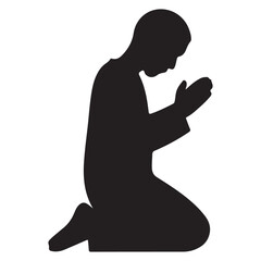 Black Silhouette of a Person Kneeling in Prayer with Raised Hands – Spiritual Vector Illustration