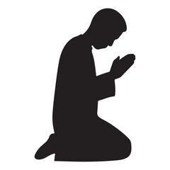 Black Silhouette of a Person Kneeling in Prayer with Raised Hands – Spiritual Vector Illustration