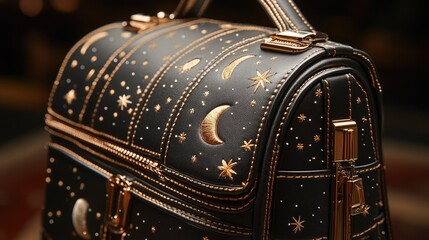 Black bag decorated with gold celestial embroidery with moons, stars and suns. Perfect for fashion blogs, astrology sites and articles about unique accessories.