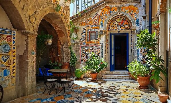 sicilian courtyard home interior illustration video