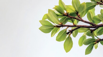 Fototapeta premium Leafy branch with green leaves is shown against a white background. Concept of freshness and growth, as the leaves are vibrant and full of life. The white background adds a sense of calmness