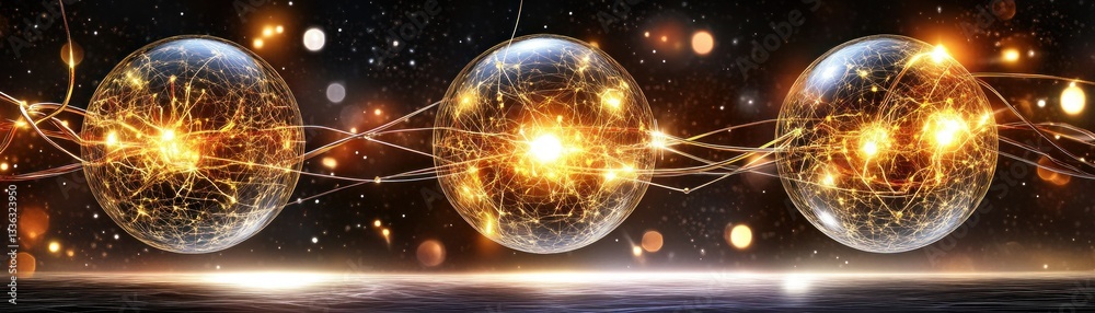 Poster three glowing interconnected spheres against a starry and abstract background