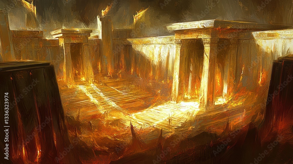 Poster Fiery painting depicting an ancient architecture with columns and stairs