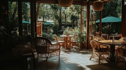 A cozy open air cafe overlooking lush green trees and plants