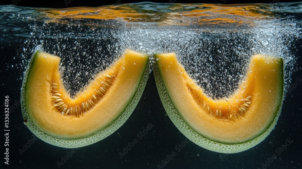 Poster Two melon slices submerged underwater showing bubbles and their textures