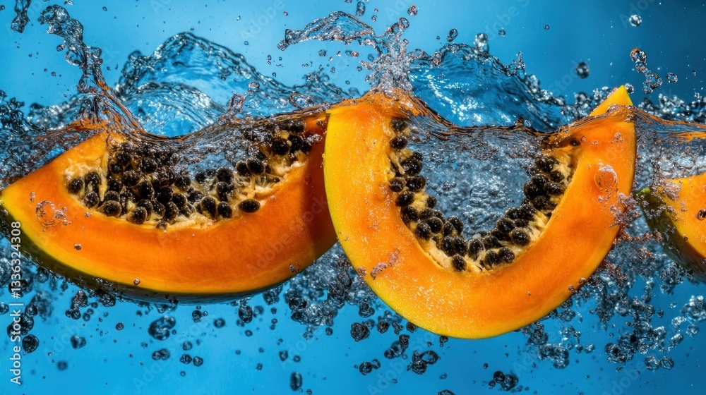 Poster papaya slices submerged in water with splashing and vibrant colors