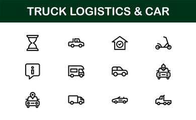 Professional Truck Logistics and Car Icon Set Vector Illustration. Featuring Essential Transportation, Delivery, and Vehicle Symbols