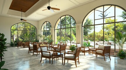 An inviting open seating area inside a large building overlooking greenery