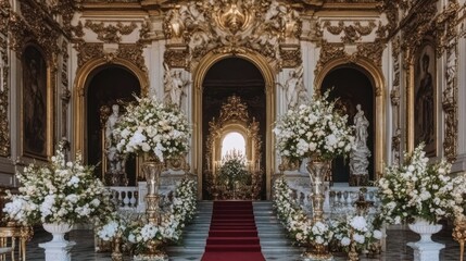 An ornate room with flowers is prepared for an event