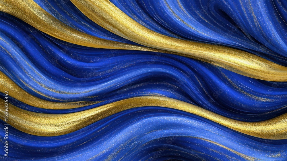 Poster Blue and golden curved painted abstract patterns and art forms