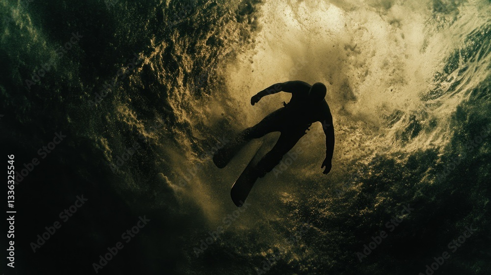 Aufkleber a surfer riding a large wave in the vast open ocean