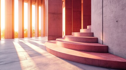 Fototapeta premium Modern architectural interior space showcasing sunlit concrete stairs and pillars