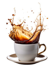 Coffee splashing out of white elegant cup with transparent background