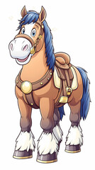Cheerful cartoon horse with saddle and bridle, standing on white background