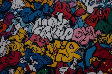 Obraz premium Vibrant graffiti art explosion; colorful letters, abstract shapes, urban wall texture. Perfect for backgrounds, street art projects, and design inspiration.