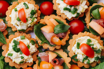 Elegant finger food selection for a banquet. Mini egg paste cupcakes and ham tartlets with papaya. Garnished with basil leaves and cherry tomatoes. Gourmet appetizers for special occasions.
