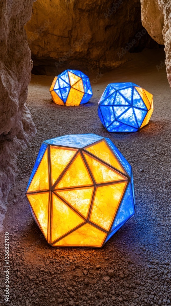 Poster geometric illuminated sculptures are set in a natural cave setting