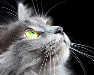 Close-up of a grey cat with bright yellow eyes looking up against a black background