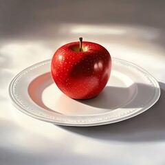 A vibrant red apple carefully placed on a pristine, completely white ceramic plate.