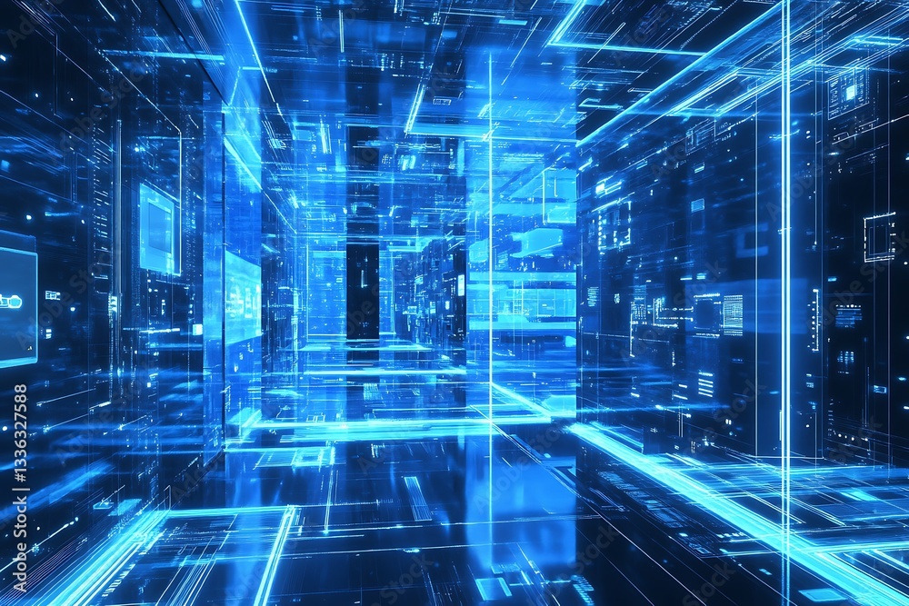 Poster Abstract digital data stream flowing through a futuristic cyberspace.