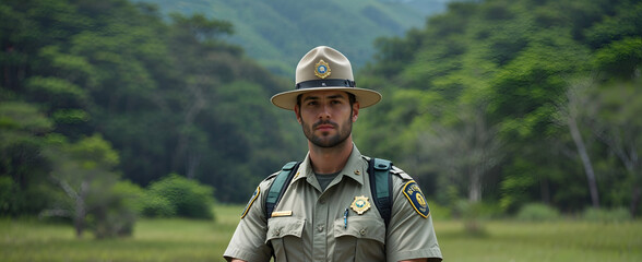 Dedicated Conservation Officer in Rugged Outdoor Attire Overlooking Forest Landscape
