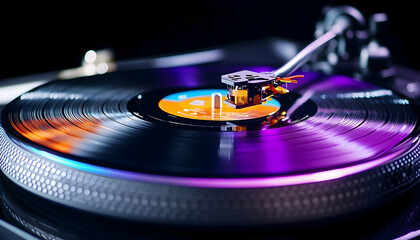 Close-up of a vinyl record spinning on a turntable, illuminated with vibrant purple and orange light