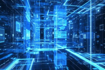 Abstract digital data stream flowing through a futuristic cyberspace.