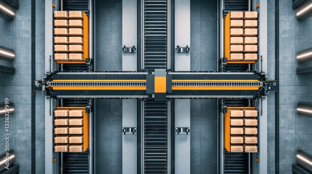 Poster Overhead view of an automated robotic warehouse system with packages