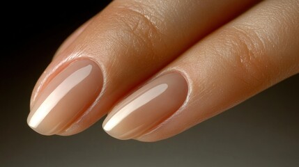 Close-up of two fingers with polished, light beige nails
