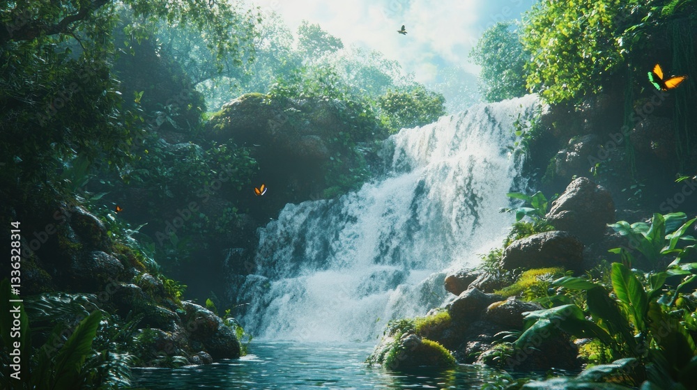 Poster A Beautiful Waterfall Cascading Into A Calm Forest Pool