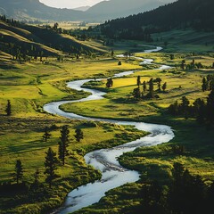 rolling green hills with snaking blue river image