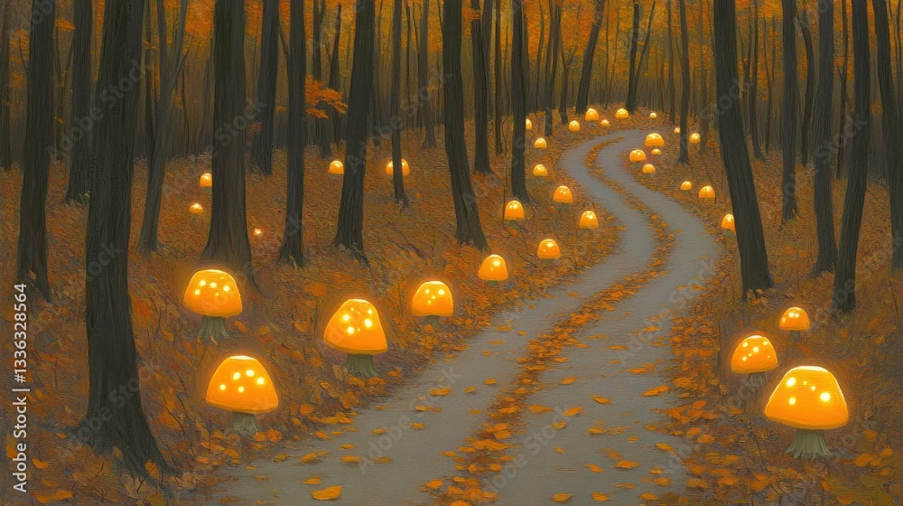 Poster a winding forest path illuminated by glowing orange mushroom lights
