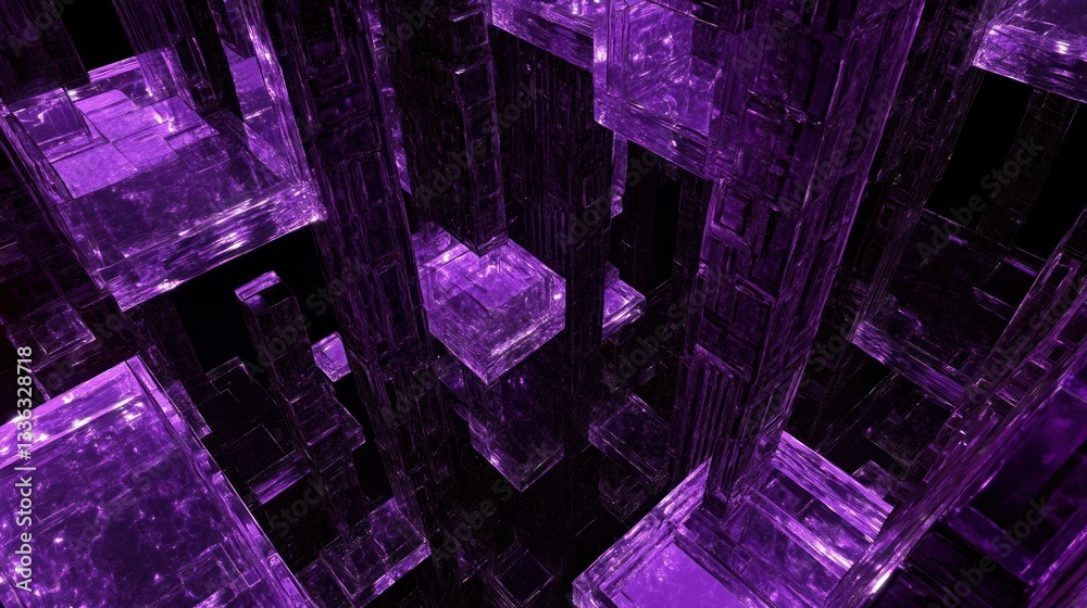 Poster abstract purple geometric structures rising in a dark background space