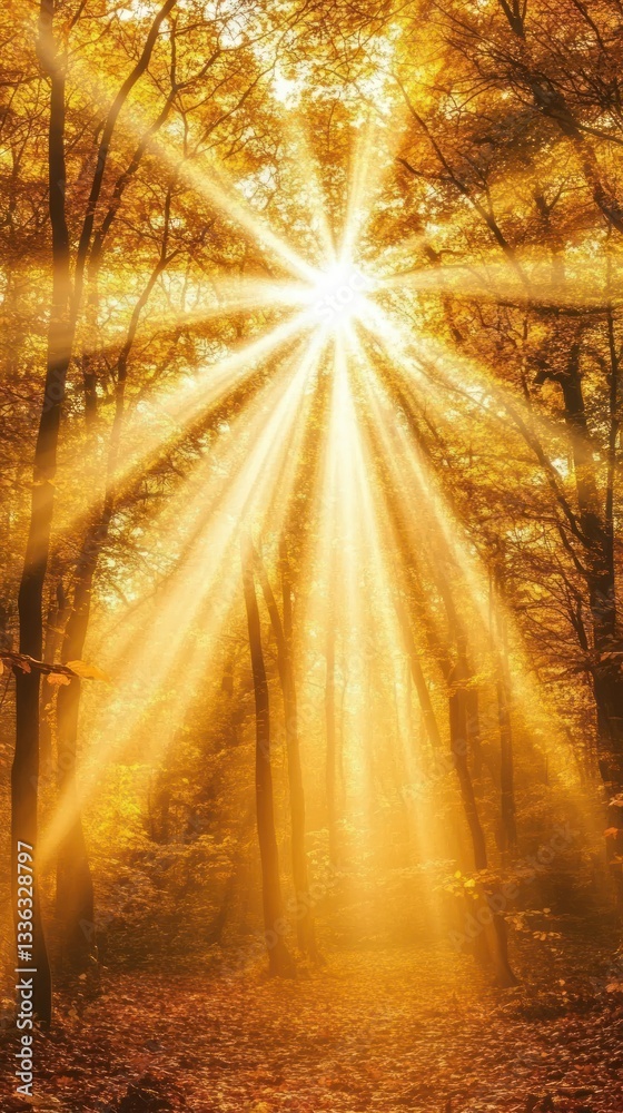 Poster sunbeams shining through the forest trees creating golden light