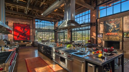 Luxurious Kitchen Space With Large Windows and Brick Walls