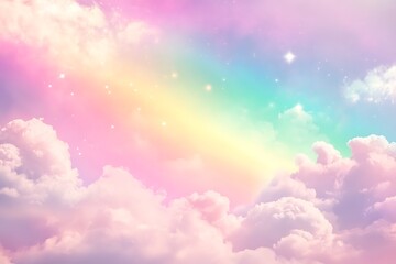 Pastel rainbow, clouds, and stars in dreamy sky.