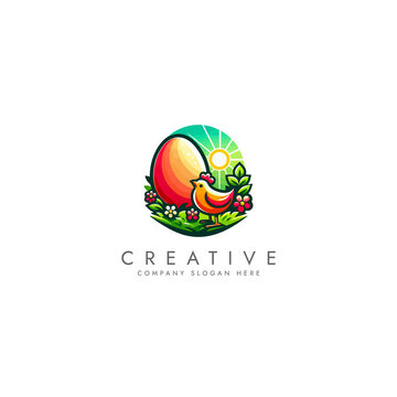 Chicken with eggs farm logo, bird broilers and meat logotype, Farm logo with rooster or chicken,Hen symbol  logo vector design