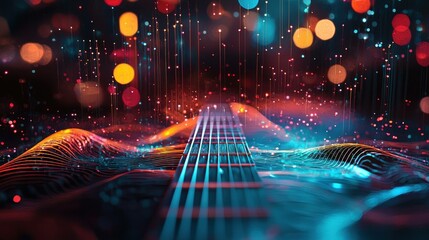 A vibrant and dreamy background featuring a guitar, colorful lights, and abstract waves, perfect for music themes, creativity, and artistic expression