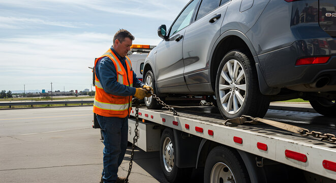A mechanic is holding the broken car on an open truck