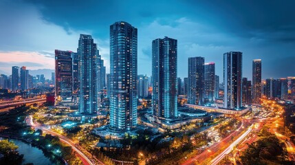 Obraz premium Cityscape at twilight, modern skyscrapers, busy highway. Aerial view. Possible use Stock photo