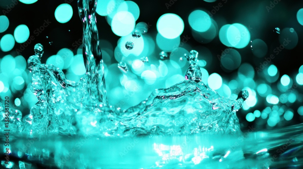 Poster flowing water creates a small dynamic splash in teal and turquoise