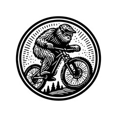 Yeti bigfoot riding mountain downhill bike Engrave illustration icon logo template